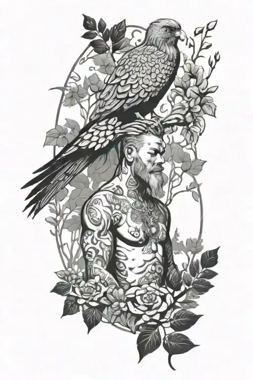 sankskrity ayus in the middle of forest with hawk overlooking tattoo design idea