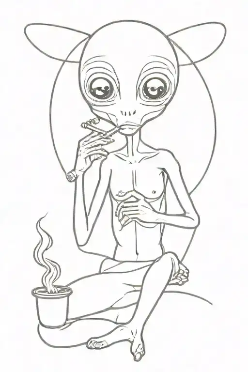 hippy alien smoking a joint surrounded by smoke tattoo design idea