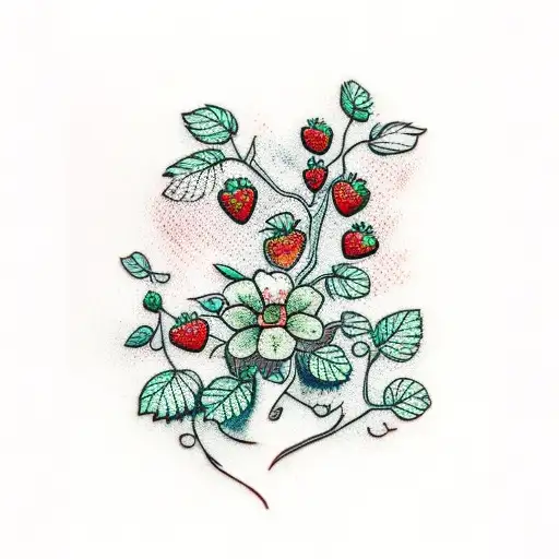 strawberry vines tiny-flowering leaves line tattoo design idea