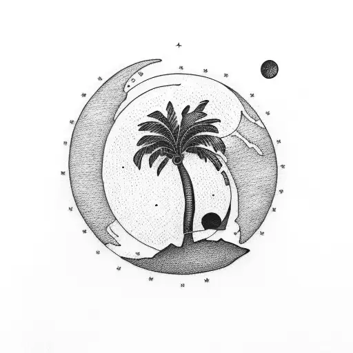 palm tree and moon tattoo design idea