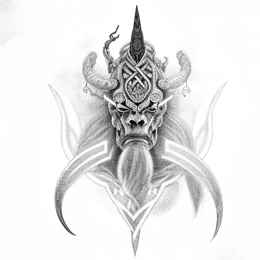 An intricate black-grey tattoo of a mythical Viking creature intertwining with a lightning bolt tattoo design idea