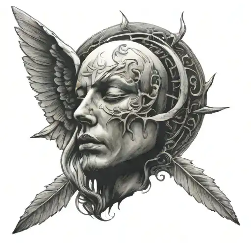 angle with no face with sun moon tattoo design idea