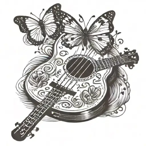 Ukulele being scrum with a guitar pick that looks like a chocolate chip cookie. Musical notes that look like butterflies tattoo design idea