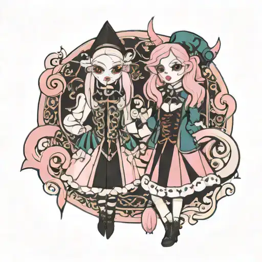 albino girl in jester outfit and pink haired girl in jester outfit  tattoo design idea