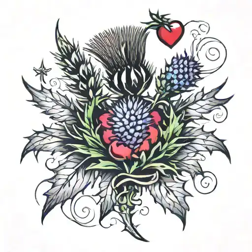 thistle with scotland flag and loveheart cherry bomb tattoo design idea