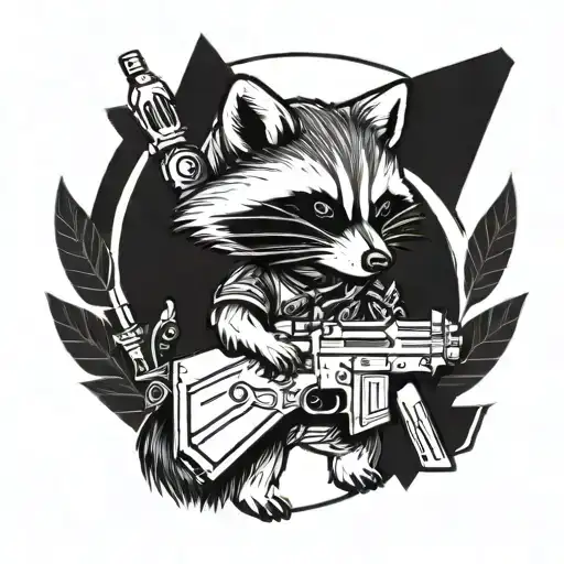 a blackwork tattoo sketch of a raccoon holding a gun, depicted in full body.  tattoo design idea
