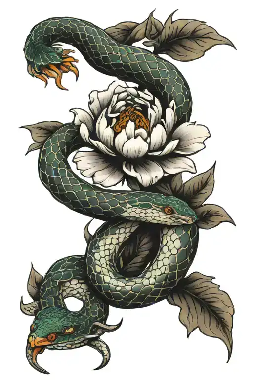 peony snake gemstone tattoo design idea