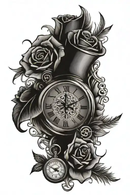 pocket watch, roses, feather, dove, dice, shamrock tattoo design idea