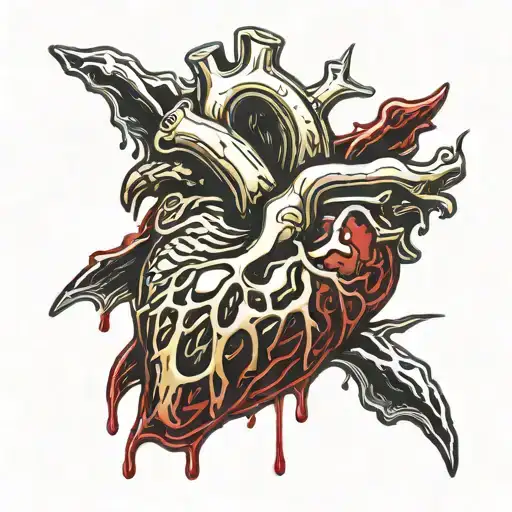 Black Gold, and Blood Red Melting Human Heart, Stabbed and bleeding. void background with golden banding. tattoo design idea