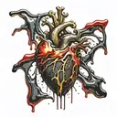 Black Gold, and Blood Red Melting Human Heart, Stabbed and bleeding. void background with golden banding. tattoo design idea