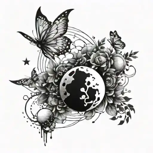 tattoo shoulder blade piece free flow, black and white, with planets, stars, cybersigilism, butterflies tattoo design idea
