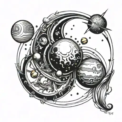 tattoo shoulder blade piece free flow, black and white, with planets, stars, cybersigilism tattoo design idea
