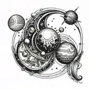 tattoo shoulder blade piece free flow, black and white, with planets, stars, cybersigilism tattoo design idea