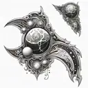 tattoo shoulder blade piece free flow, black and white, with planets, stars, cybersigilism tattoo design idea