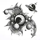 tattoo shoulder blade piece free flow, black and white, with planets, stars, cybersigilism tattoo design idea