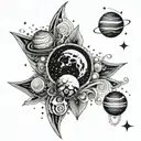tattoo shoulder blade piece free flow, black and white, with planets, stars, cybersigilism tattoo design idea