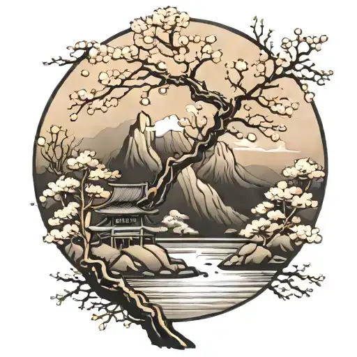 old style japanese landscape with cherry blossoms tattoo design idea