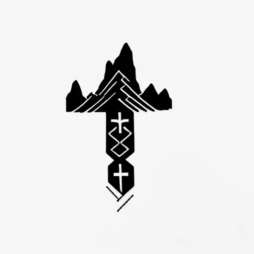 a cross with a mountain in the background with God is greater than highs and lows symbol  tattoo design idea