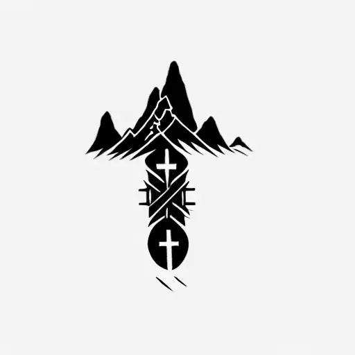 a cross with a mountain in the background with God is greater than highs and lows symbol  tattoo design idea