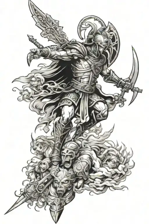 A dynamic and powerful tattoo design featuring a Christian warrior in battle, surrounded by angelic figures and symbols of war tattoo design idea
