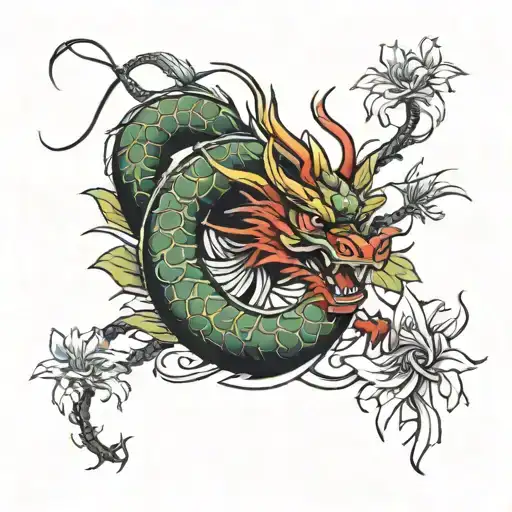 japaneses dragon wrapped around red spider lily tattoo design idea