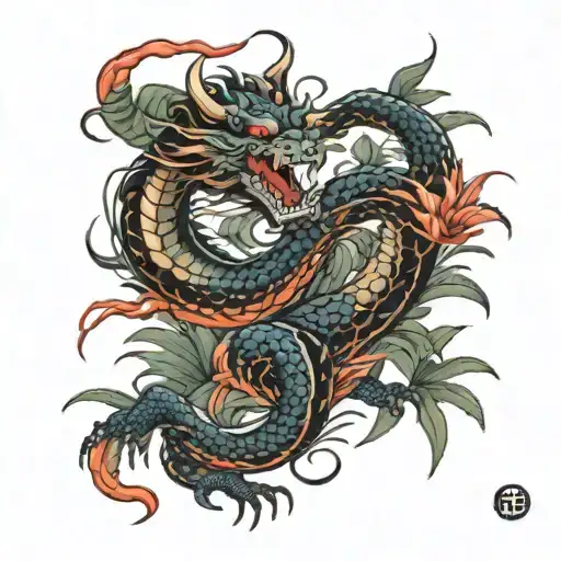 japaneses dragon wrapped around red spider lily tattoo design idea
