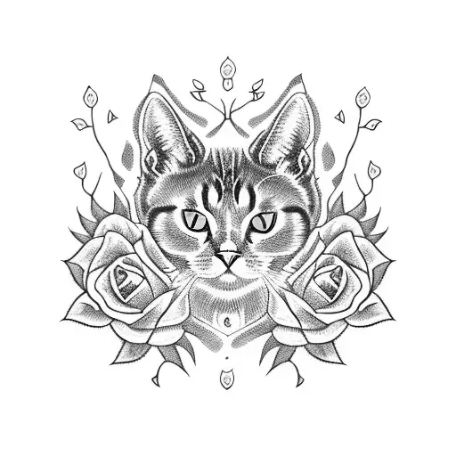 A fierce blackwork cat with glowing red eyes surrounded by thorny roses tattoo design idea