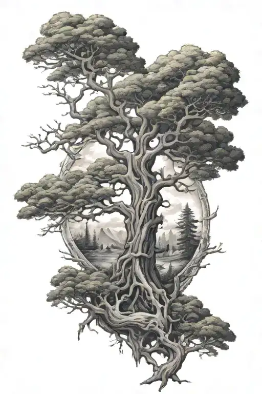 full left arm tattoo about northern mythology with the Ygdrassil in the center or top tattoo design idea
