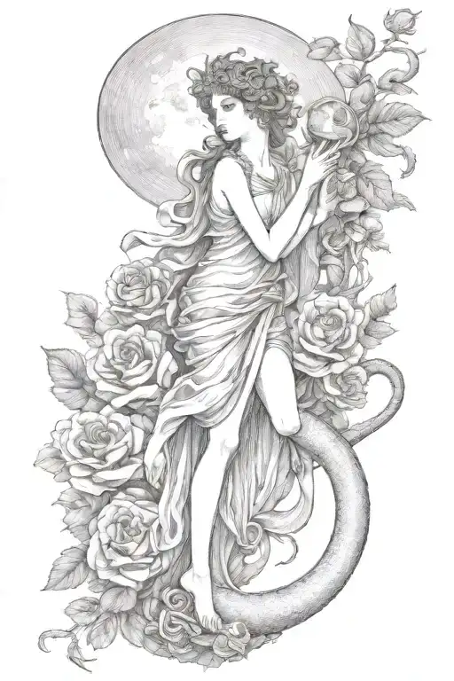 Athena, moon, book, roses, liana, snake coiling each other tattoo design idea