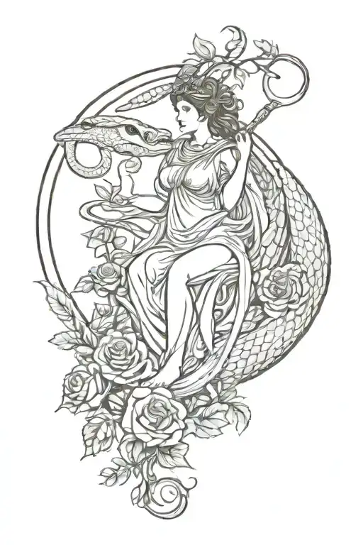 Athena, moon, book, roses, liana, snake coiling tattoo design idea