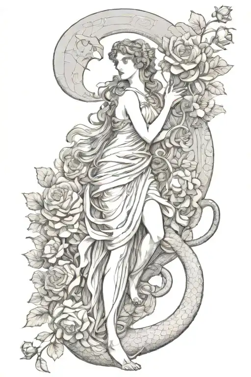 Athena, moon, book, roses, liana, snake coiling each other tattoo design idea