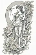Athena, moon, book, roses, liana, snake coiling each other tattoo design idea