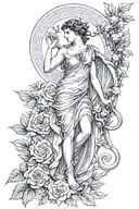 Athena, moon, book, roses, liana, snake coiling each other tattoo design idea