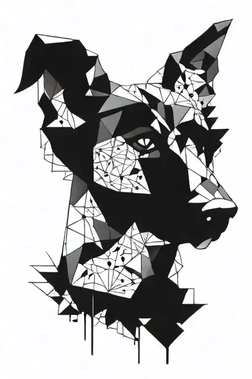 An abstract design combining musical elements and architectural shapes to form a dog's face tattoo design idea