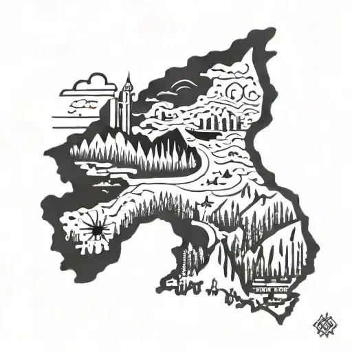 A stylized map of Norway with landmarks and symbols representing the client's love for the country and its natural beauty tattoo design idea