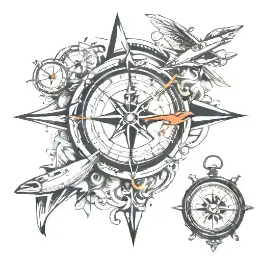 compass with timepiece and lighthouse and airplane tattoo design idea