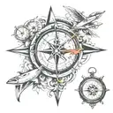 compass with timepiece and lighthouse and airplane tattoo design idea