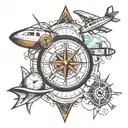 compass with timepiece and lighthouse and airplane tattoo design idea