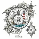 compass with timepiece and lighthouse and airplane tattoo design idea
