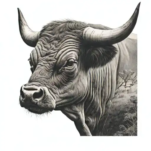 A realistic portrait of a prized bull with a backdrop of rolling hills and a sunset, in black-grey shading tattoo design idea