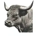 A realistic portrait of a prized bull with a backdrop of rolling hills and a sunset, in black-grey shading tattoo design idea