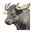A realistic portrait of a prized bull with a backdrop of rolling hills and a sunset, in black-grey shading tattoo design idea