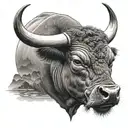 A realistic portrait of a prized bull with a backdrop of rolling hills and a sunset, in black-grey shading tattoo design idea