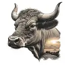 A realistic portrait of a prized bull with a backdrop of rolling hills and a sunset, in black-grey shading tattoo design idea
