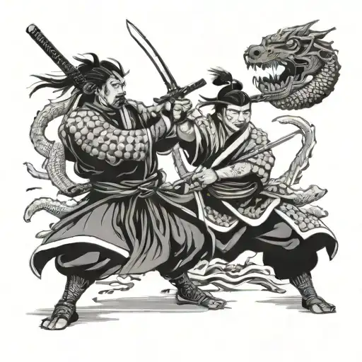 samurai with sword fighting with Japanese dragon in black and white tattoo design idea