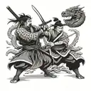 samurai with sword fighting with Japanese dragon in black and white tattoo design idea