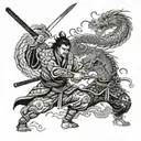 samurai with sword fighting with Japanese dragon in black and white tattoo design idea