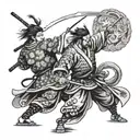 samurai with sword fighting with Japanese dragon in black and white tattoo design idea