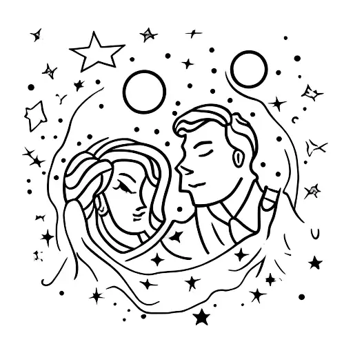 A silhouette of a couple holding hands under a starry sky tattoo design idea