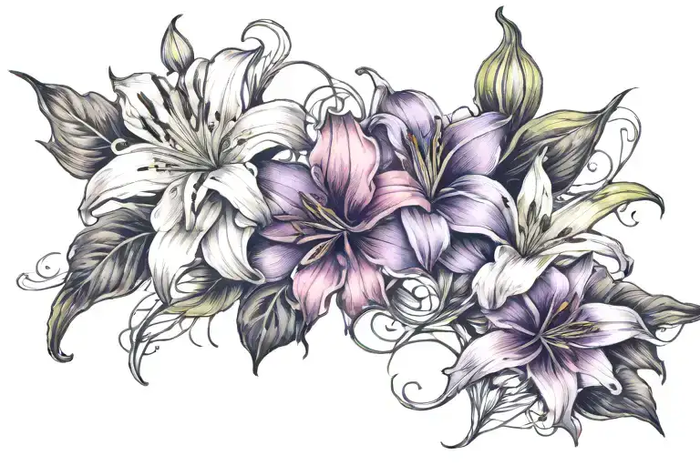 rose, Lily, violet flower intertwined tattoo design idea